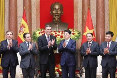 State President Luong Cuong (third from right) receives Spanish Prime Minister Pedro Sánchez (third from left). (Photo: VNA)
