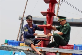 A fishing ship owner and an officer of the Phu Yen provincial Border Guard Command inspect the vessel monitoring system (VMS) on a fishing boat. (Photo: VNA)